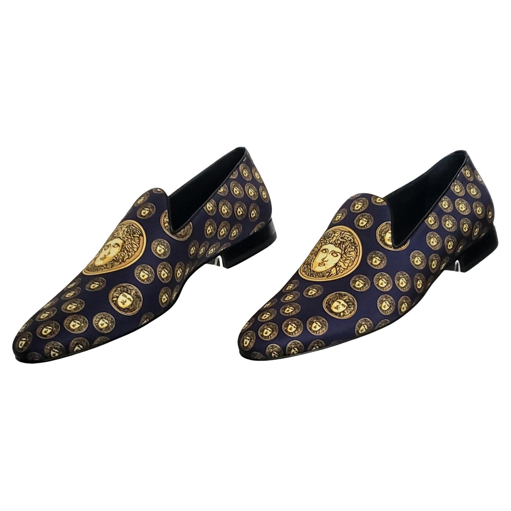 SOLD OUT!!! NEW VERSACE NAVY BLUE SILK LOAFERS w/GOLD MEDUSA PRINT Sz 11 For Sale