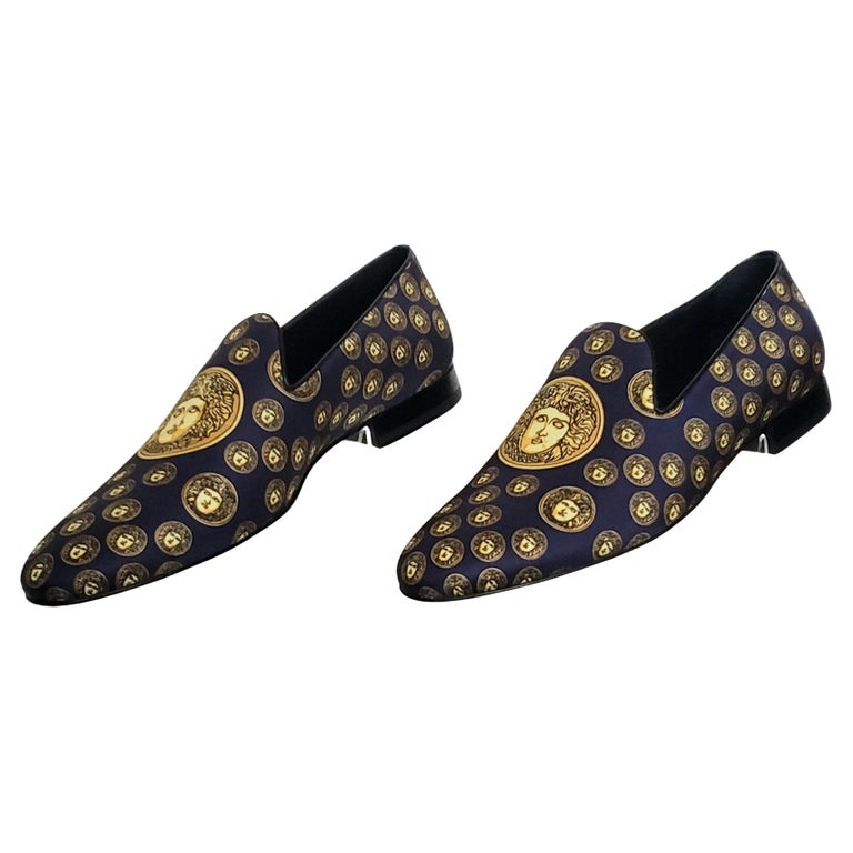 SOLD OUT!!! NEW VERSACE NAVY BLUE SILK LOAFERS w/GOLD MEDUSA PRINT For Sale  at 1stDibs