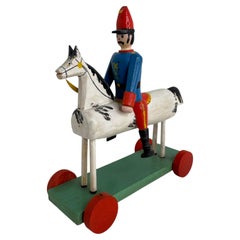 Soldato su cavallo da tiro Giocattolo Vintage Folk Art Ore Mountains, tedesco, anni '50