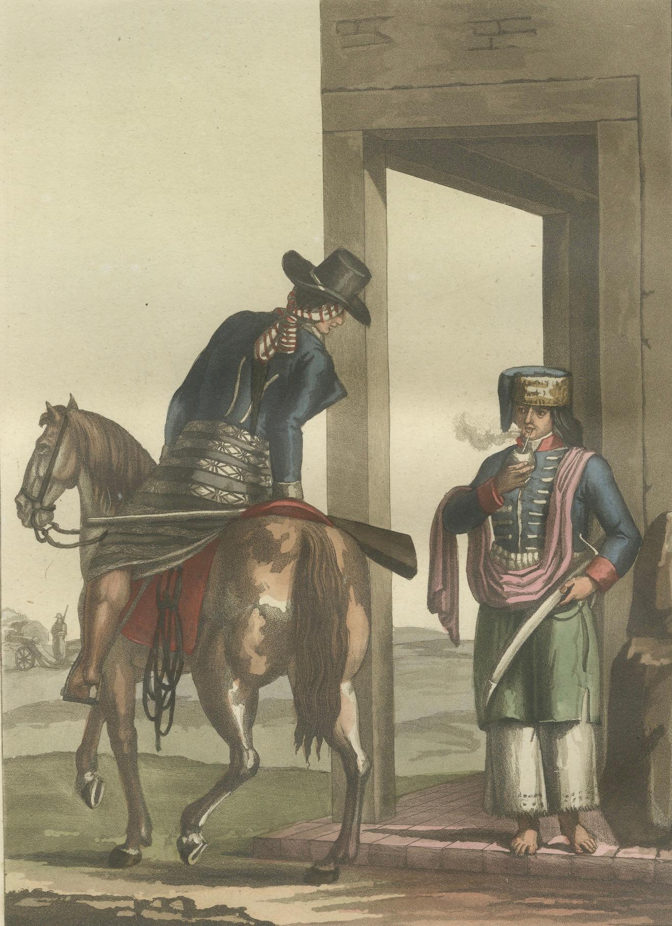 Soldats au Rio de la Plata, plage orientale en Argentina par Ferrario-Bonatti 1821 État moyen - En vente à Langweer, NL