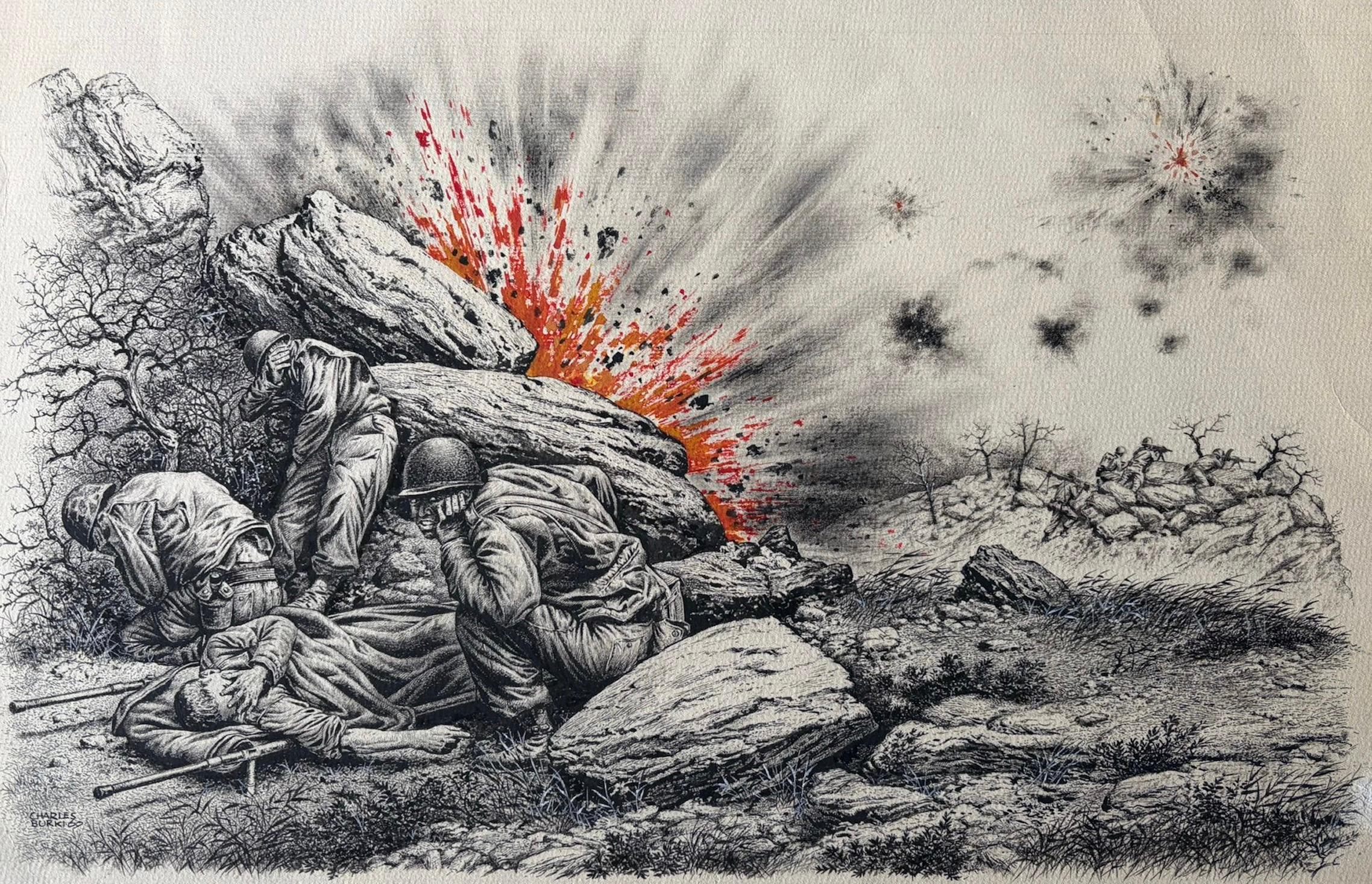 Cubierta de soldados durante la batalla - Ilustración original de guerra de Charles Burki, 1953

Este dramático dibujo de guerra lleva la firma de Charles Burki en la parte inferior izquierda, inconfundible mano del artista holandés Charles Burki