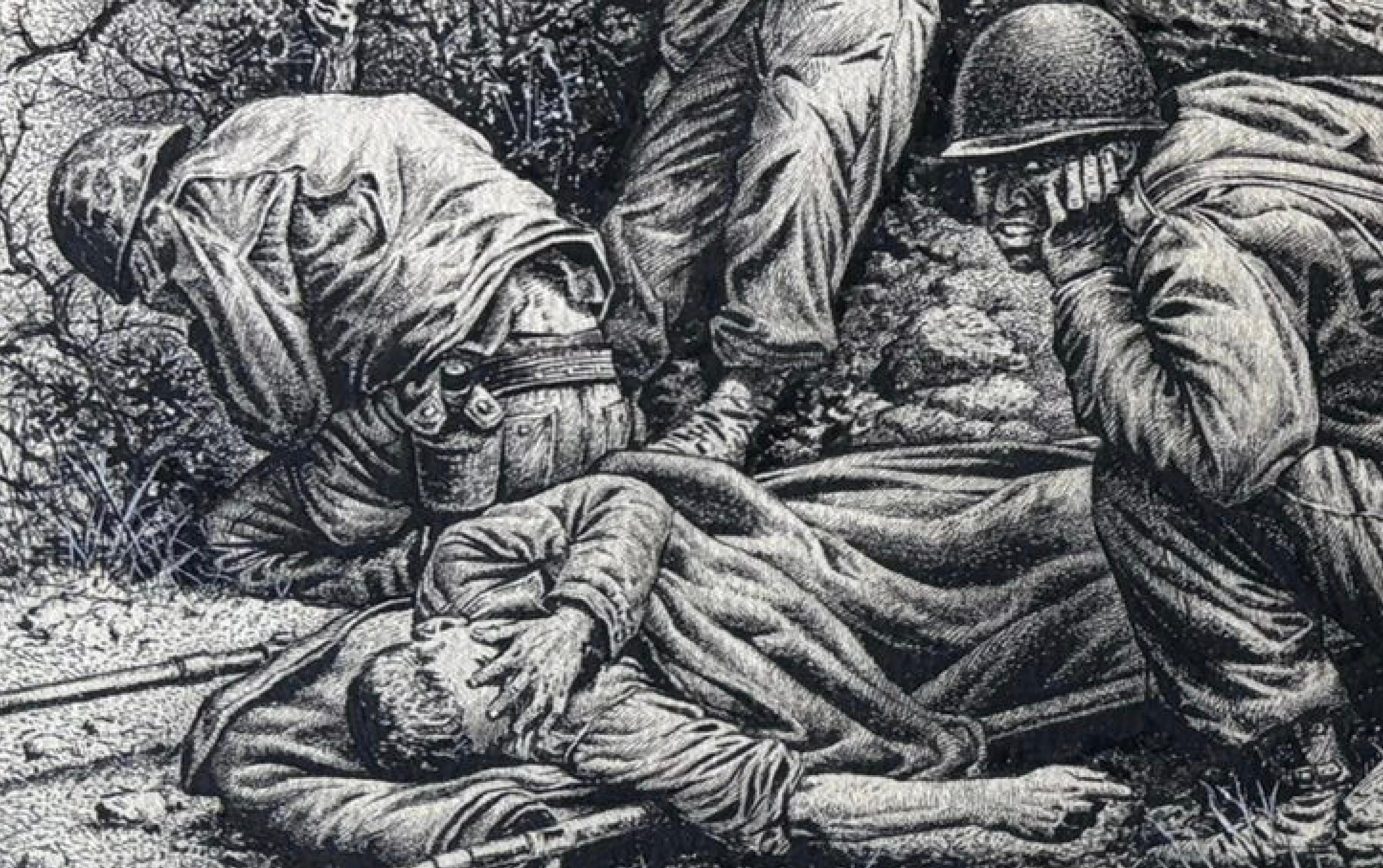 Cubierta de soldados durante la batalla - Ilustración original de guerra de Charles Burki, 1953 Holandés en venta