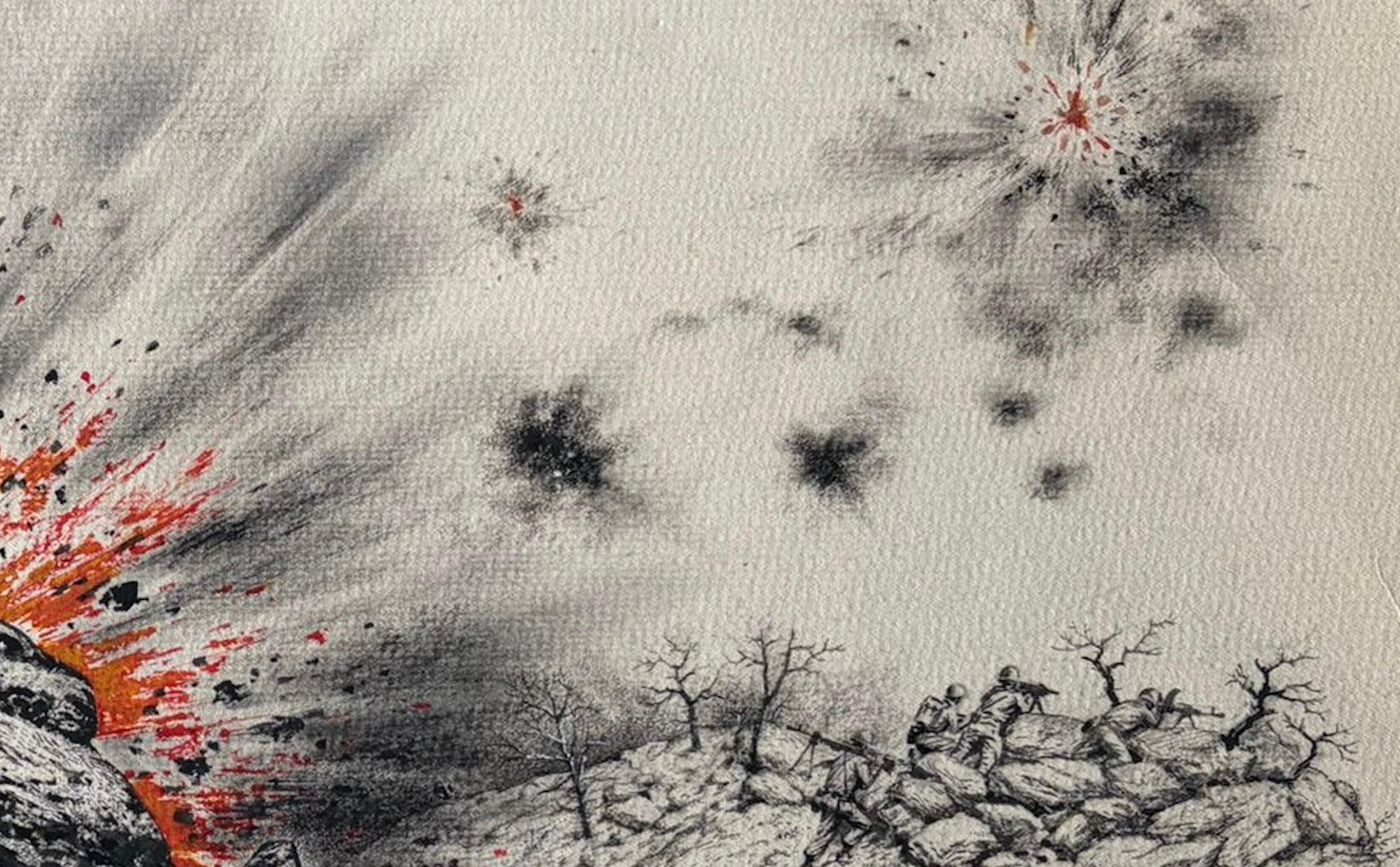 Cubierta de soldados durante la batalla - Ilustración original de guerra de Charles Burki, 1953 mediados del siglo XX en venta