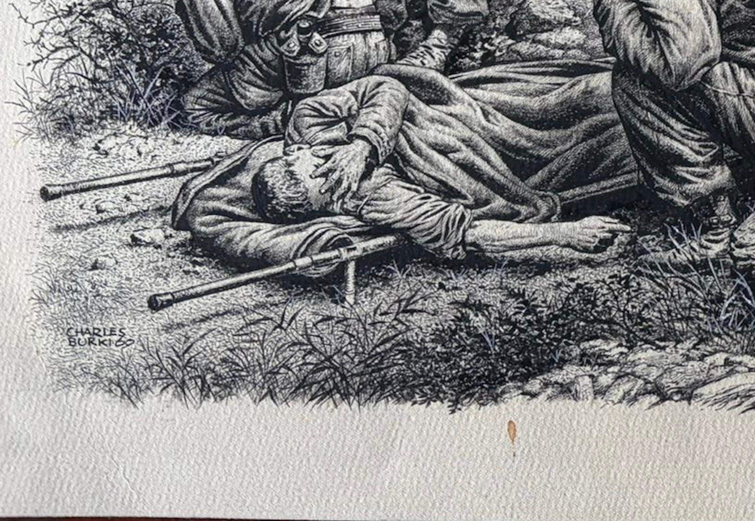 Cubierta de soldados durante la batalla - Ilustración original de guerra de Charles Burki, 1953 en venta 1