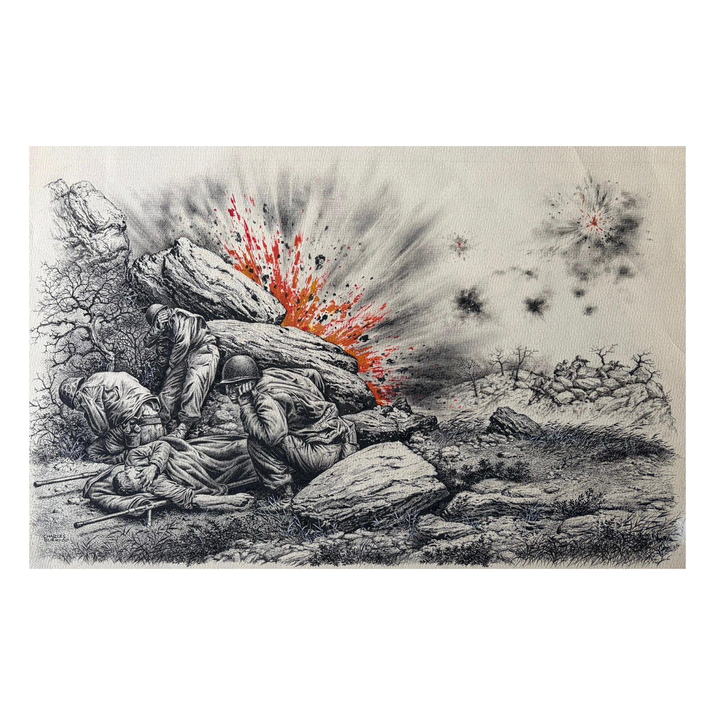 Couverture des soldats pendant la bataille - Illustration de guerre originale de Charles Burki, 1953