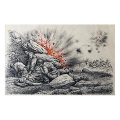 Soldiers Cover During Battle – Original War Illustration by Charles Burki, 1953