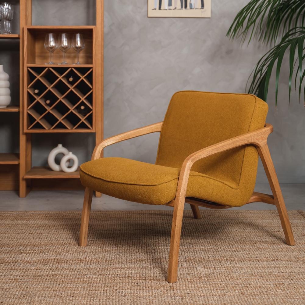 Hand-Carved Sole Armchair Mustard - Solid Oak Wood For Sale