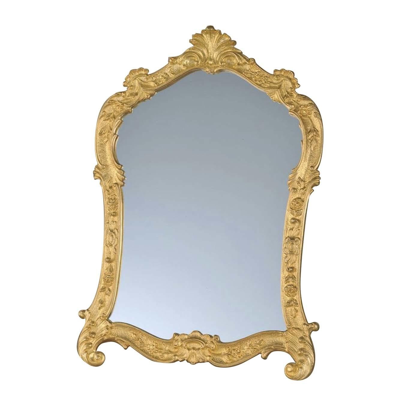 This console mirror will create a magnificent first impression at the entrance of a classically decorated home, or as statement piece in the living room on a side table or mantelpiece. Its elegant Silhouette features a bronze frame with a satin gold