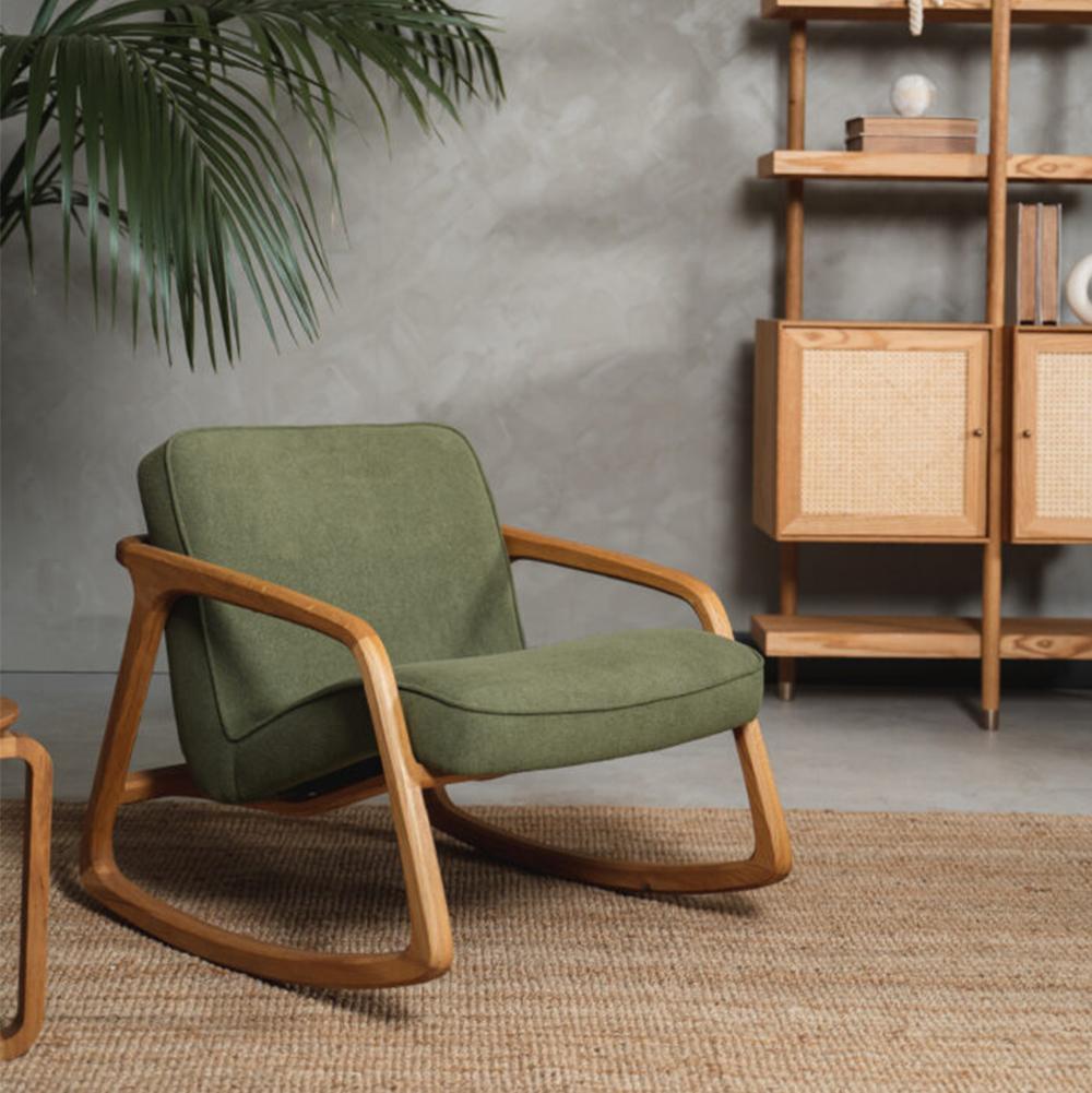 Scandinavian Modern Sole Rocking Armchair Green - Solid Oak Wood For Sale