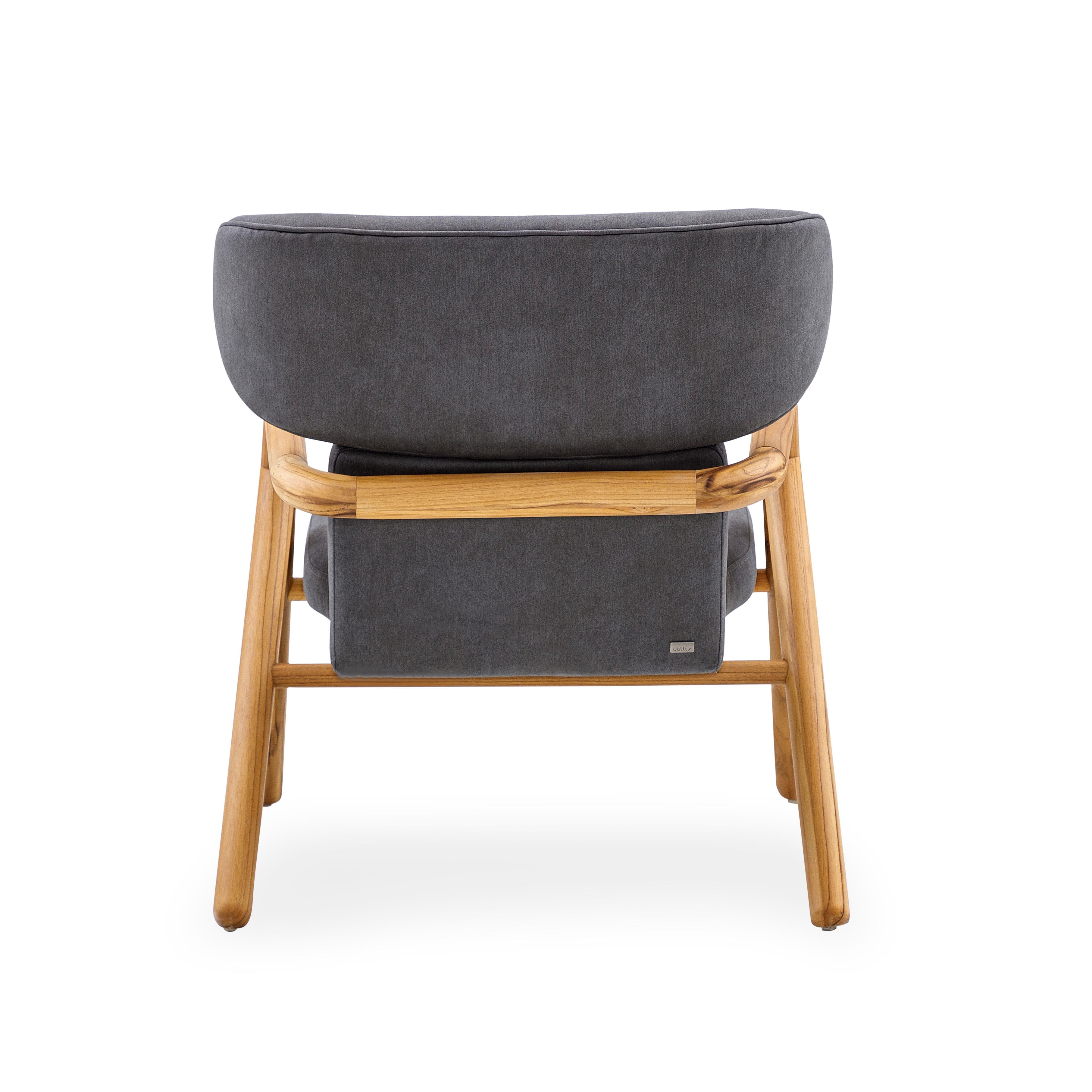 Brazilian Sole Scandinavian-Styled Armchair in Teak Wood Finish and Charcoal Fabric For Sale