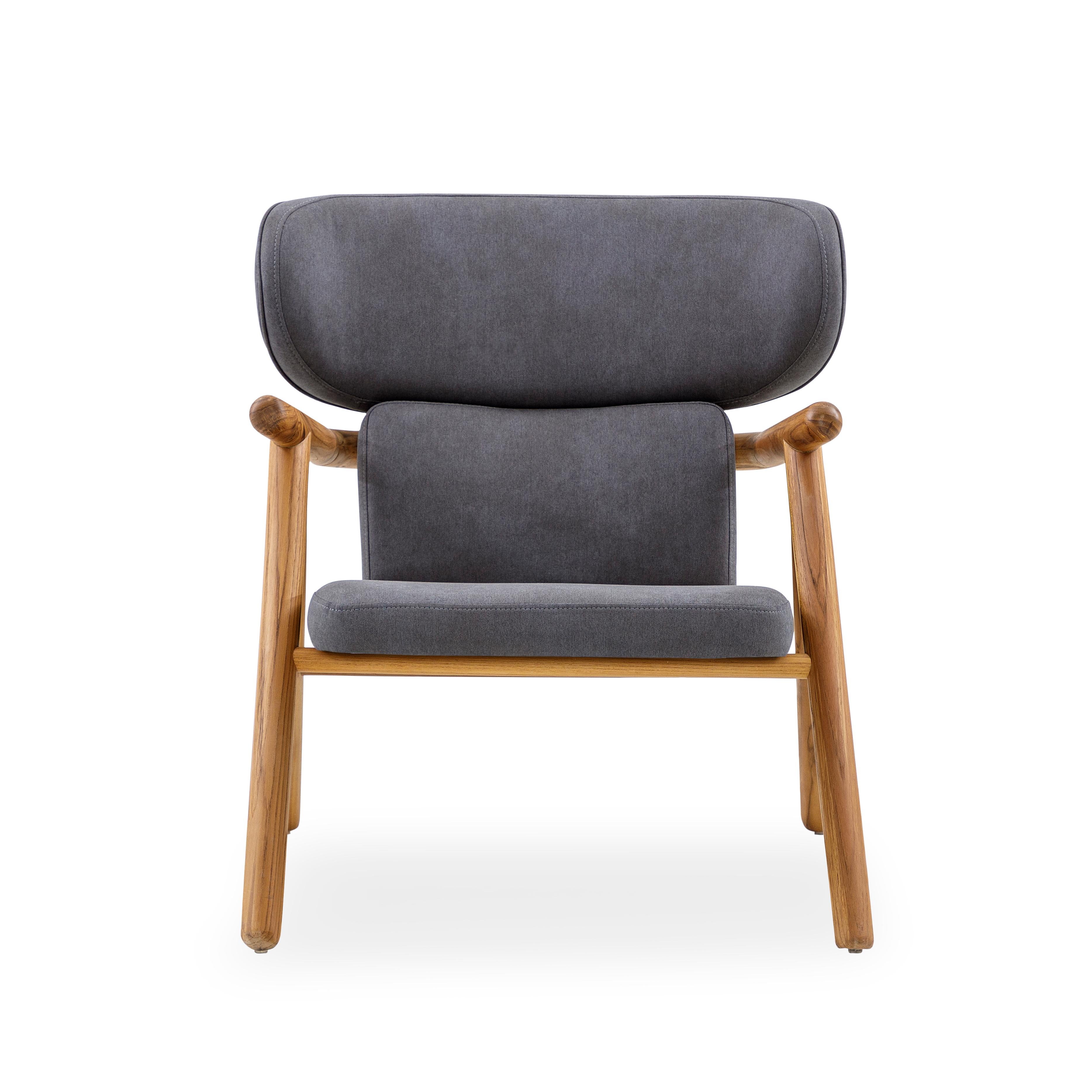 Contemporary Sole Scandinavian-Styled Armchair in Teak Wood Finish and Charcoal Fabric For Sale