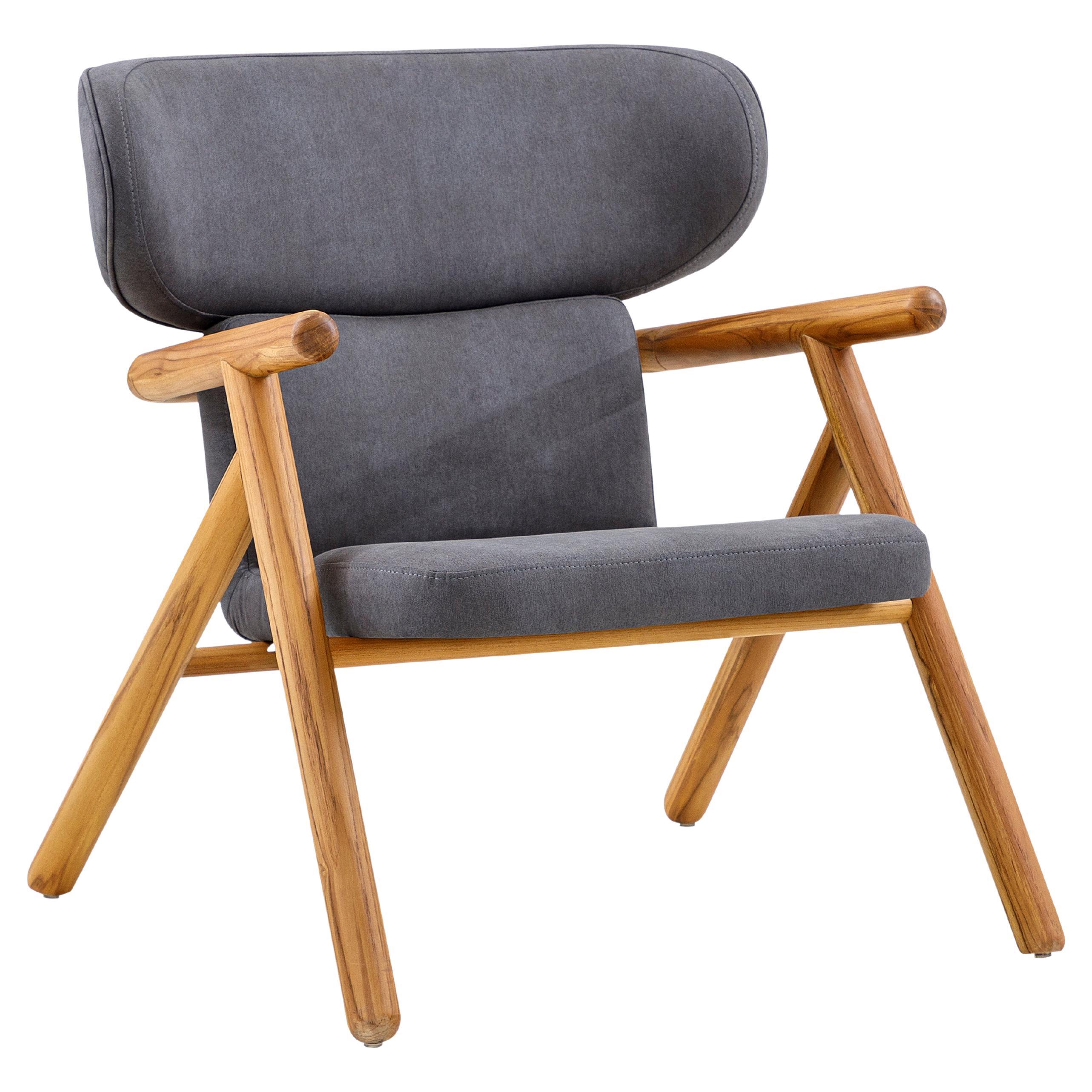 Sole Sessel im skandinavischen Stil mit Teakholzoberfläche und Holzstoff in Holzkohle