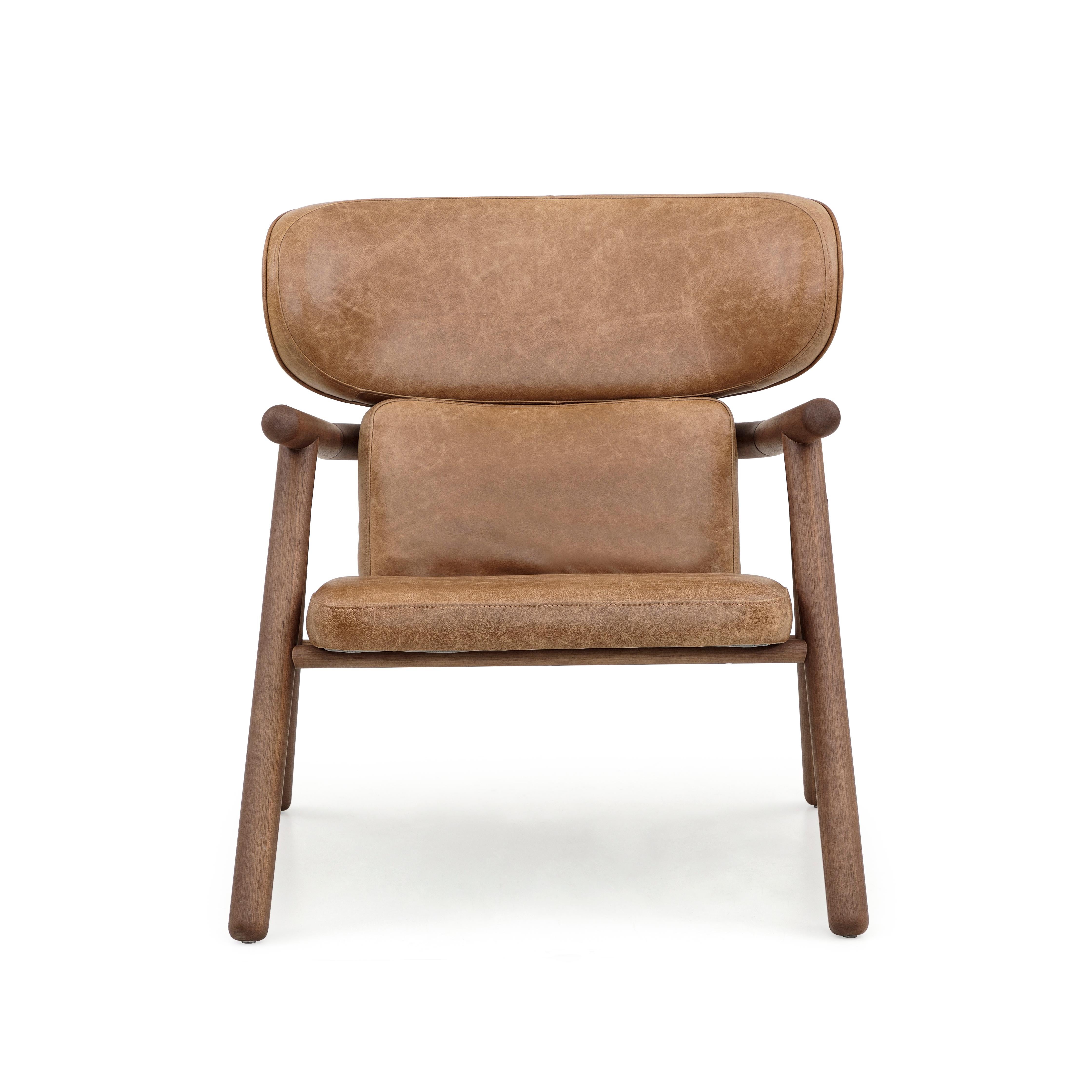 Sole Scandinavian-Styled Armchair in Walnut Wood Finish and Brown Leather For Sale 1