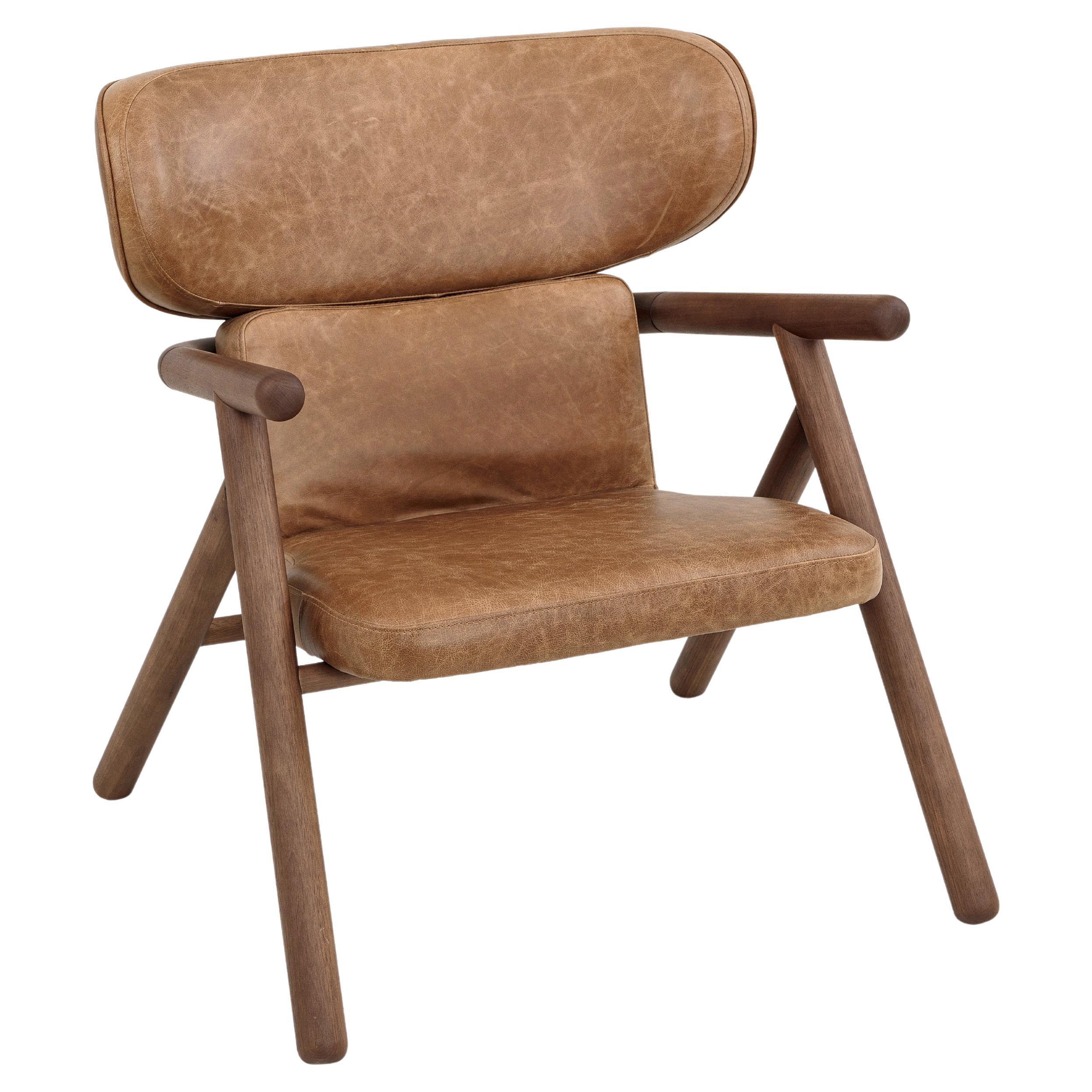 Sole Scandinavian-Styled Armchair in Walnut Wood Finish and Brown Leather For Sale