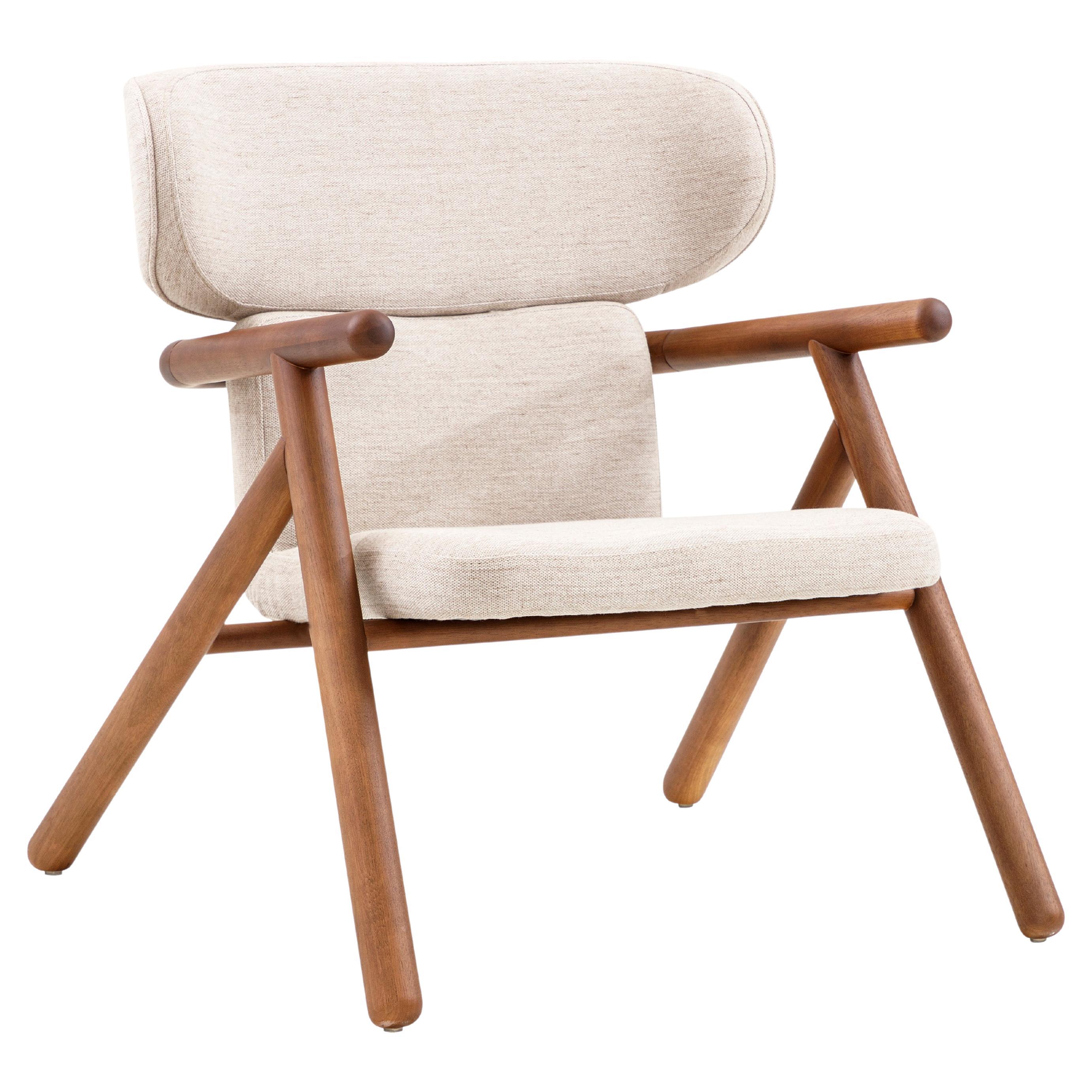Sole Scandinavian-Styled Armchair in Walnut Wood Finish and Off-White Fabric For Sale