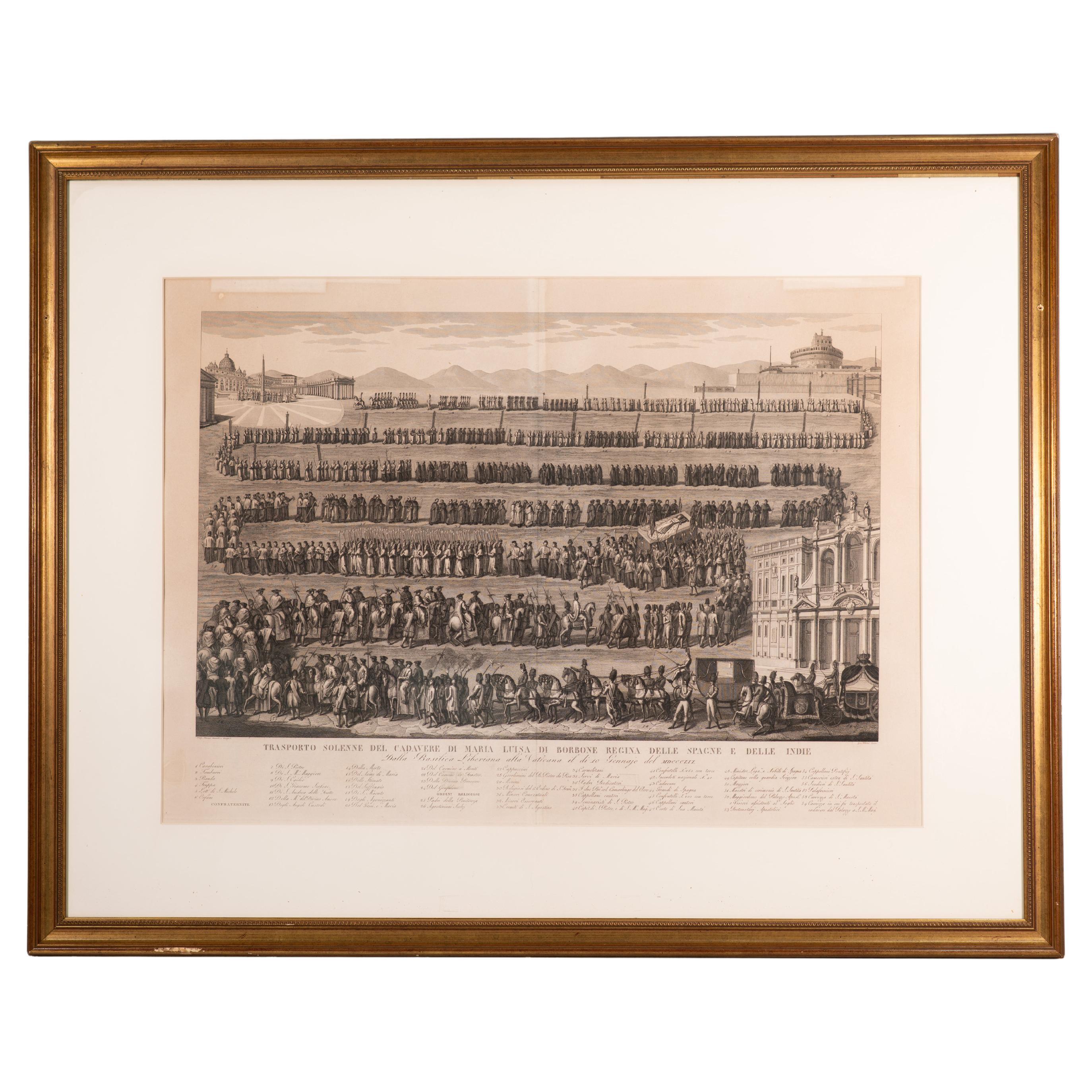 “Sole transport of the corpse of Maria Luisa di Borbone (…)”. Framed engraving. For Sale