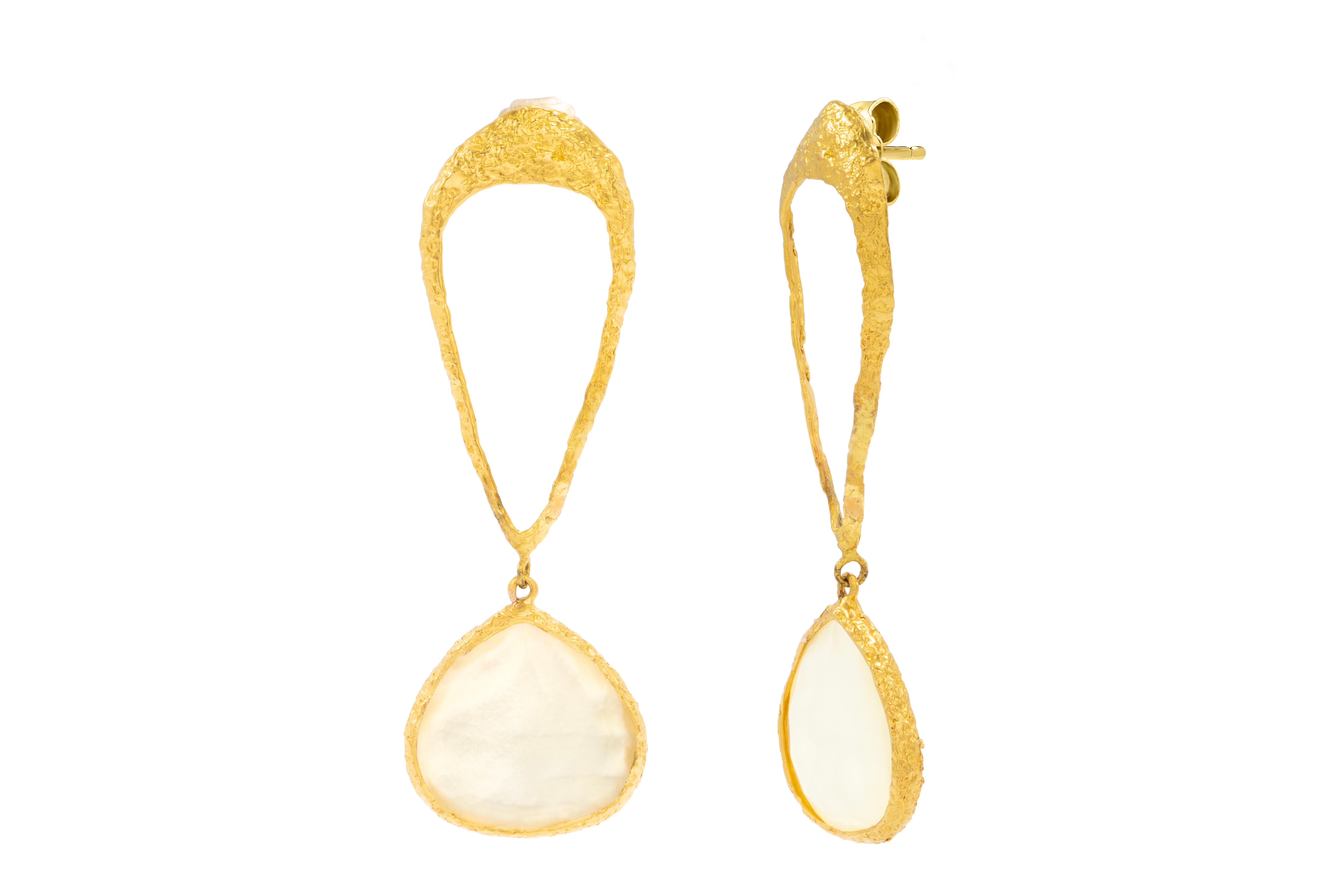 Artisan Soleil 22k Gold Pearl and Crystal Signature Teardrop Earrings, by Tagili For Sale