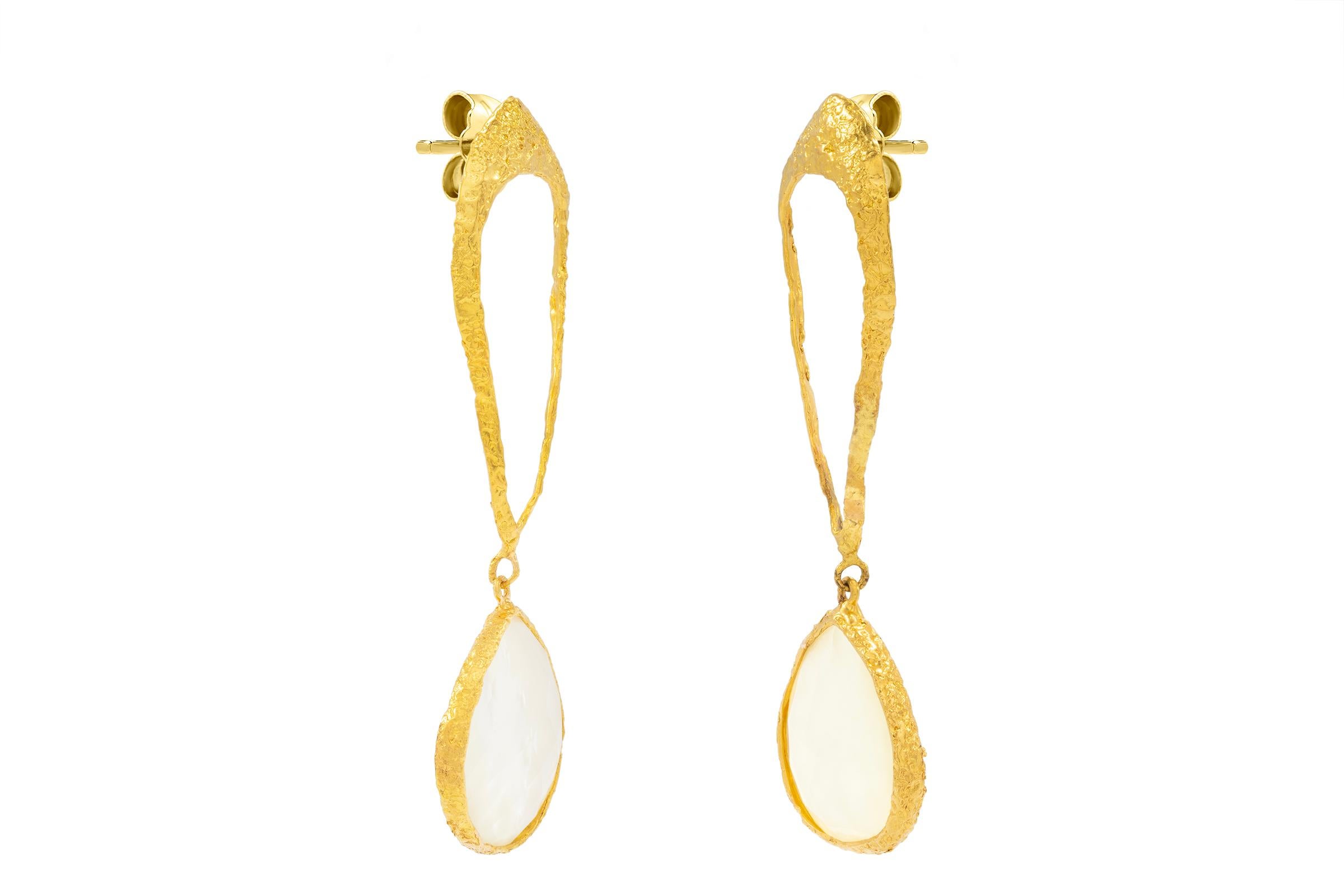 Pear Cut Soleil 22k Gold Pearl and Crystal Signature Teardrop Earrings, by Tagili For Sale