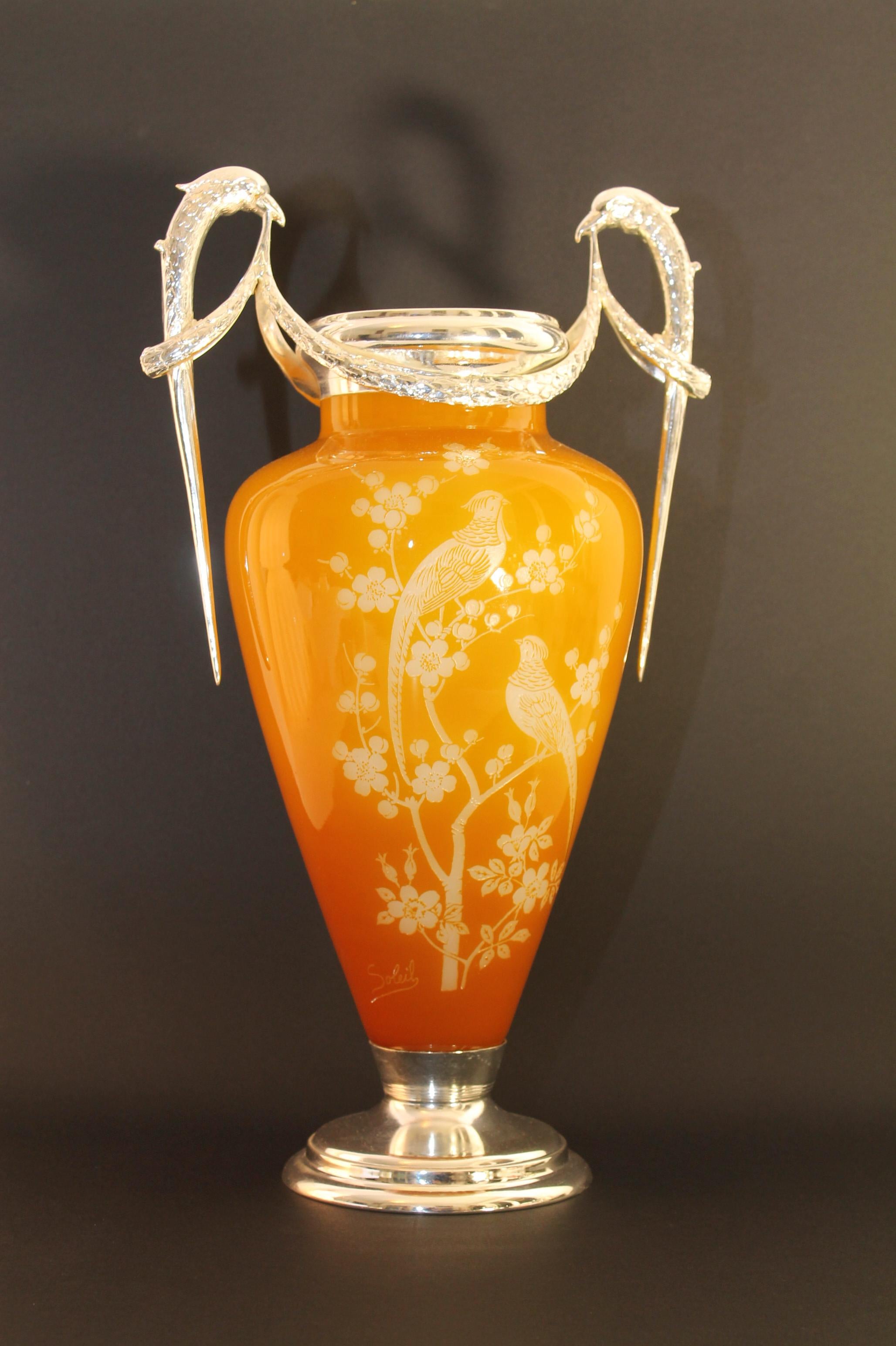 Soleil _ French Cameo Glass Signed Two Handle Vase Silver Mounted, 1900s, Wow! For Sale 5