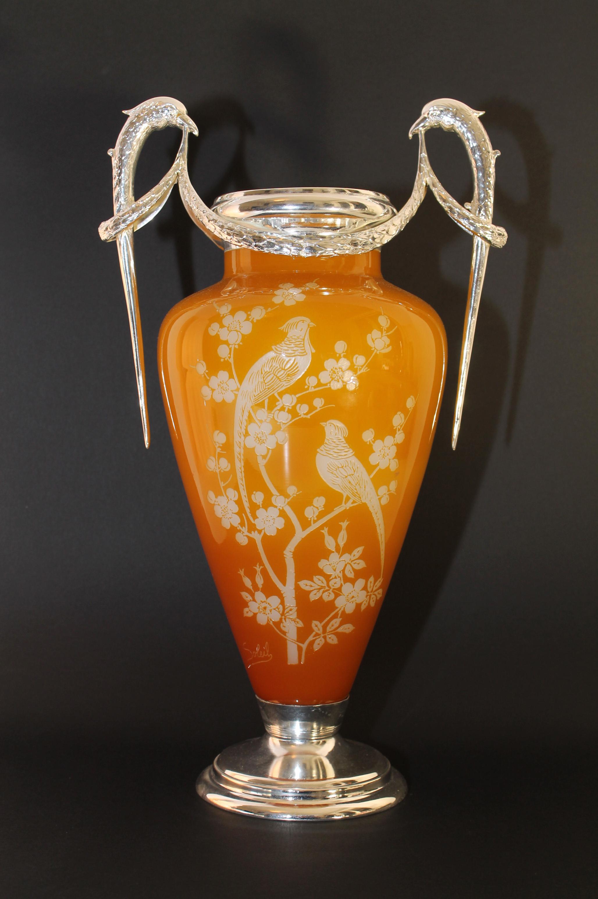 Soleil _ Französisch Cameo Glas signiert zwei Handle Vase Silber montiert, 1900er Jahre, Wow! im Angebot 10