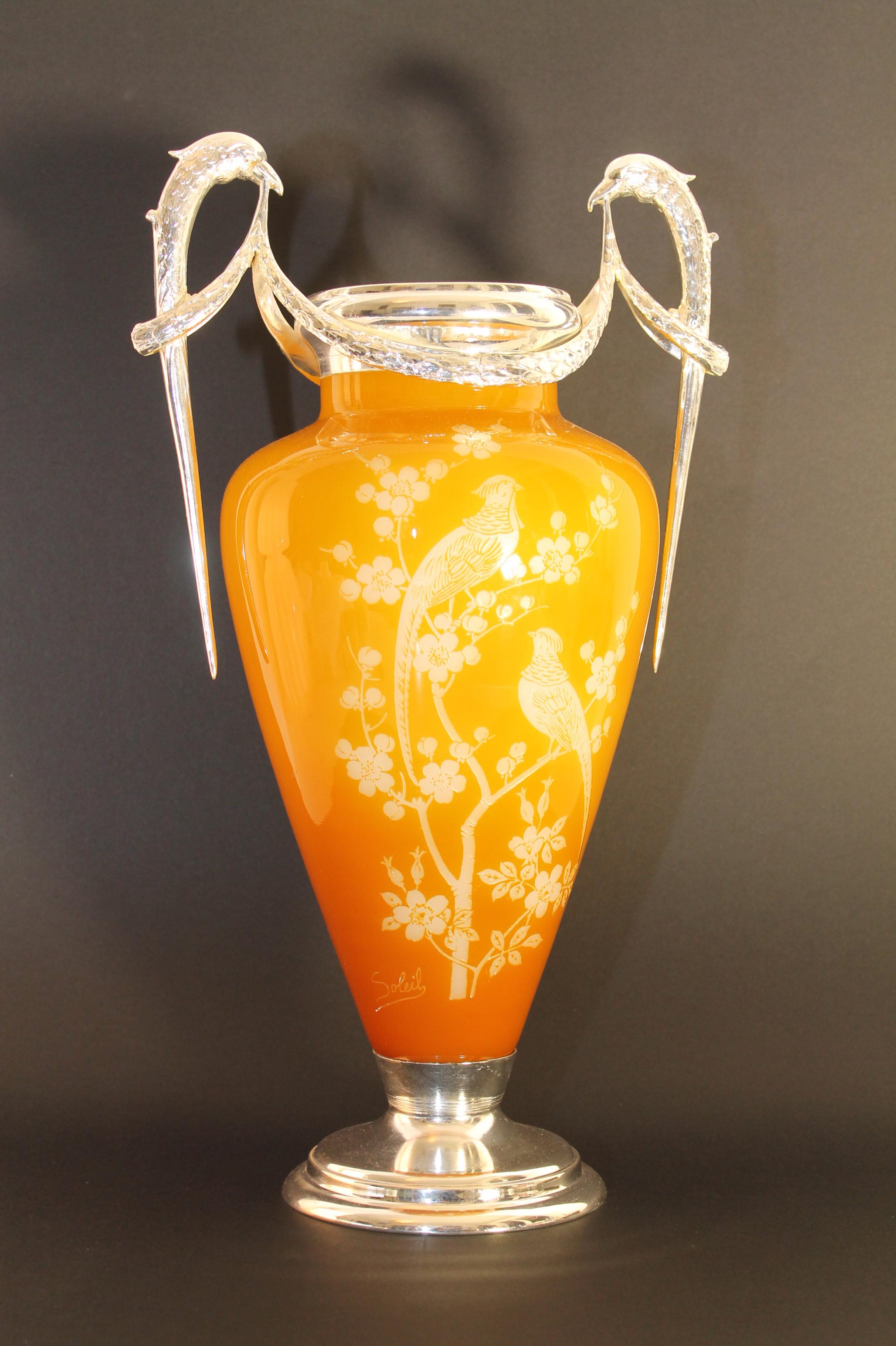 Etched Soleil _ French Cameo Glass Signed Two Handle Vase Silver Mounted, 1900s, Wow! For Sale