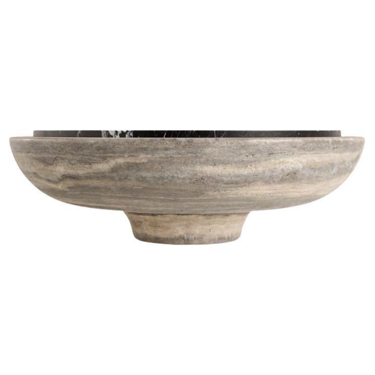 Table basse Soleil Silver Travertin et marbre Marquina de Verena Brausch