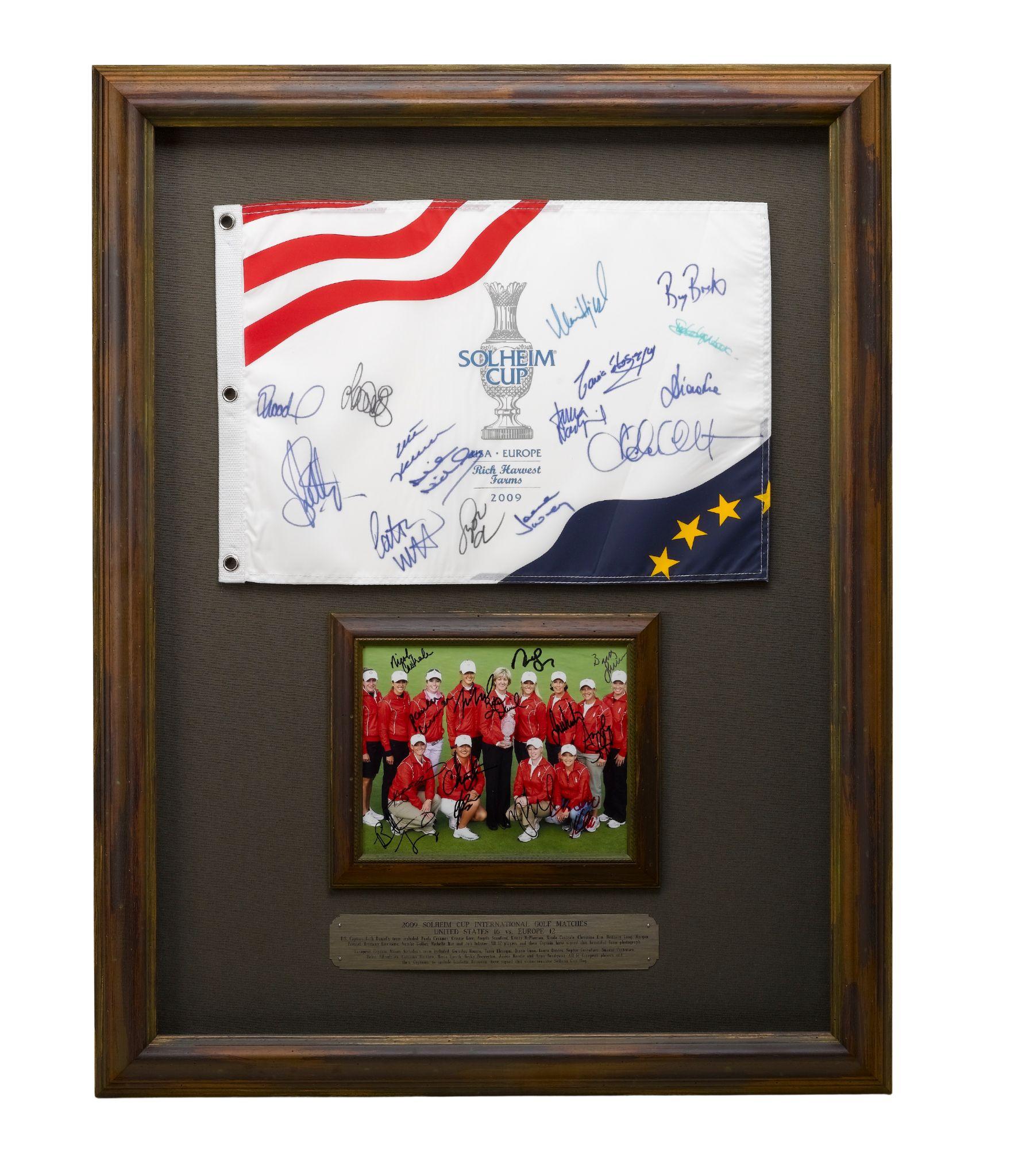 Presented is an autographed collage celebrating the women golfers of the 2009 Solheim Cup U.S. and European teams. The 11th Solheim Cup Matches were held August 21–23, 2009 at Rich Harvest Farms in Sugar Grove, Illinois. The biennial Solheim Cup