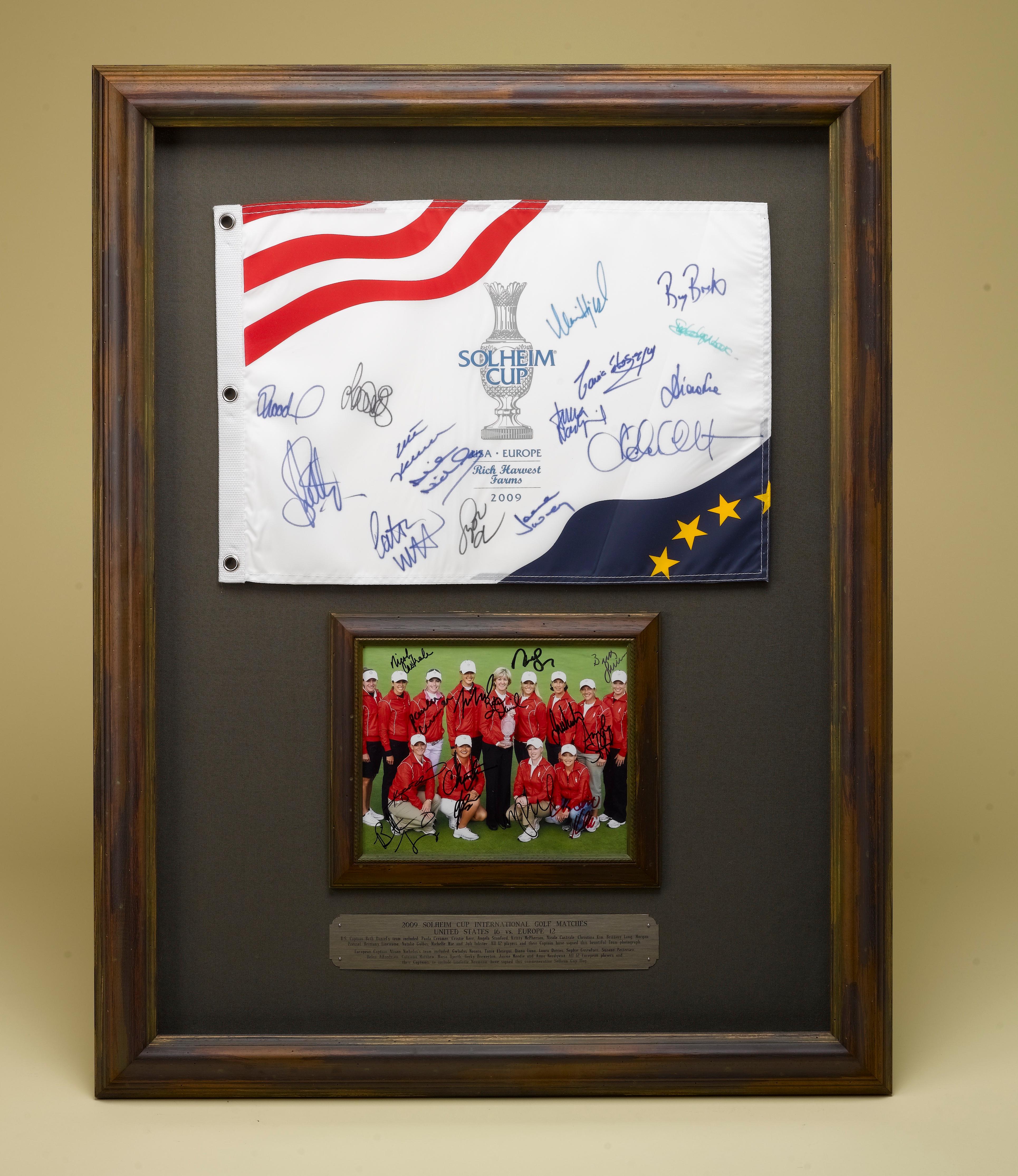 Contemporary Solheim Cup Matches U.S. & European Team Signed Photo & Flag, 2009 For Sale
