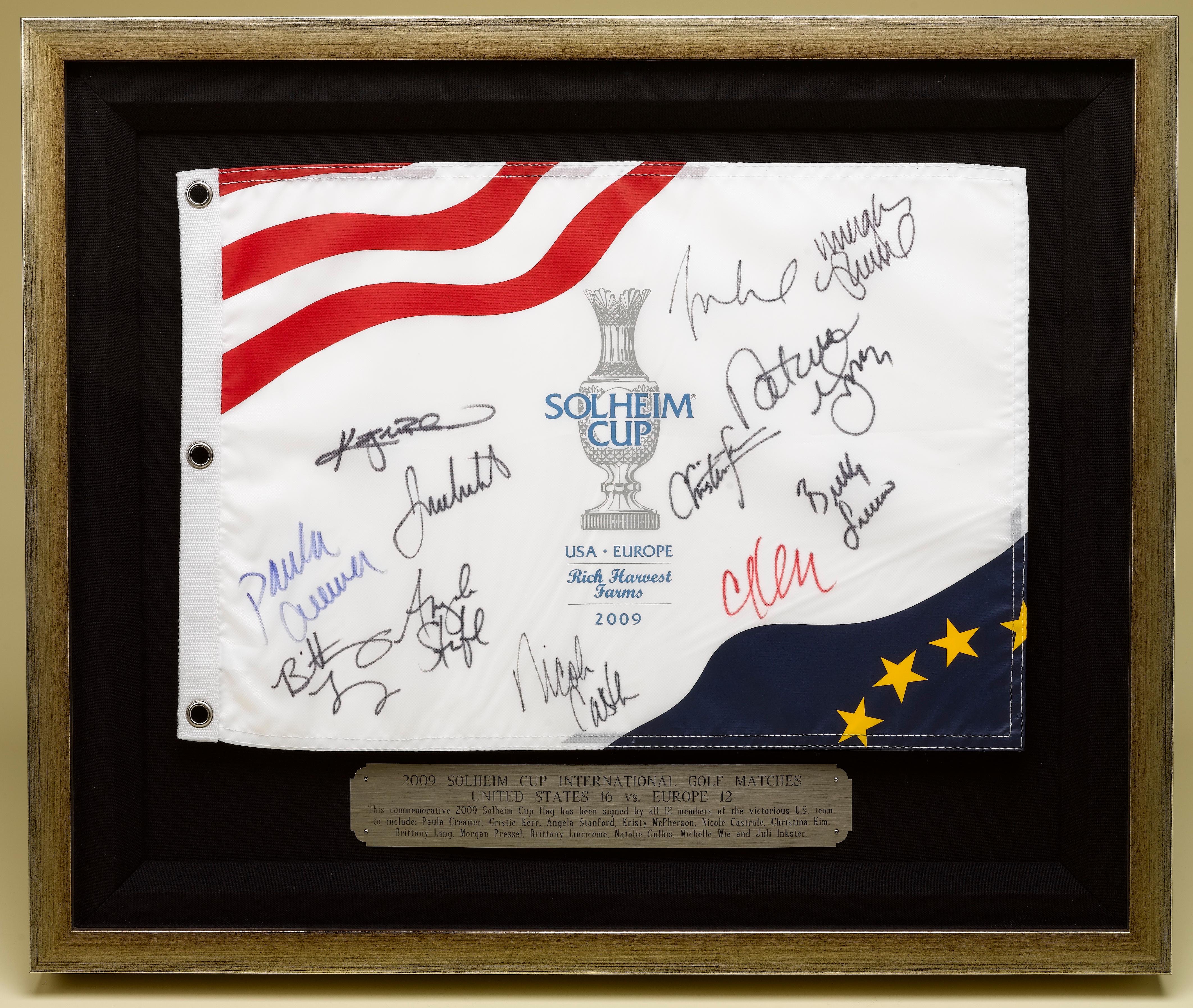 Presented is an autographed collage celebrating the women golfers of the 2009 Solheim Cup U.S. team. The 11th Solheim Cup Matches were held August 21–23, 2009 at Rich Harvest Farms in Sugar Grove, Illinois. The biennial Solheim Cup matches are a