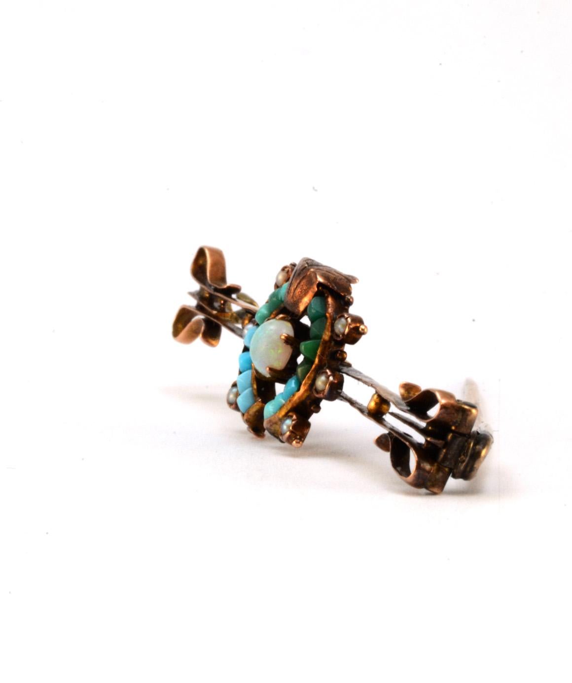 Round Cut Solid 10 Karat Victorian Pin with Genuine Opal and Turquoise