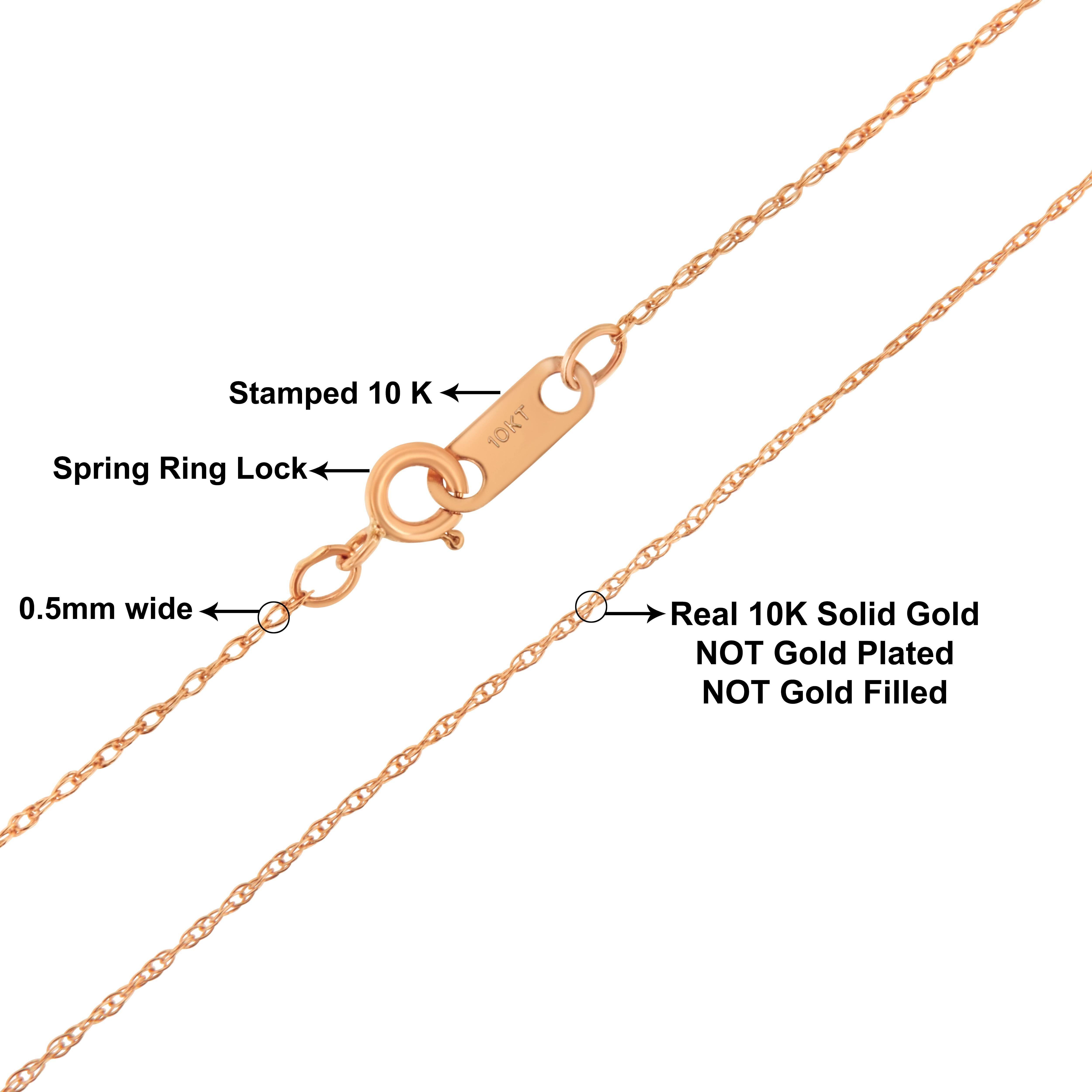 A simple and dainty 10K rose gold rope chain measuring 18 inches in length fastens securely with a standard spring ring clasp. This chain can replace most chains and is perfect paired with small to medium size pendants. The chain measures