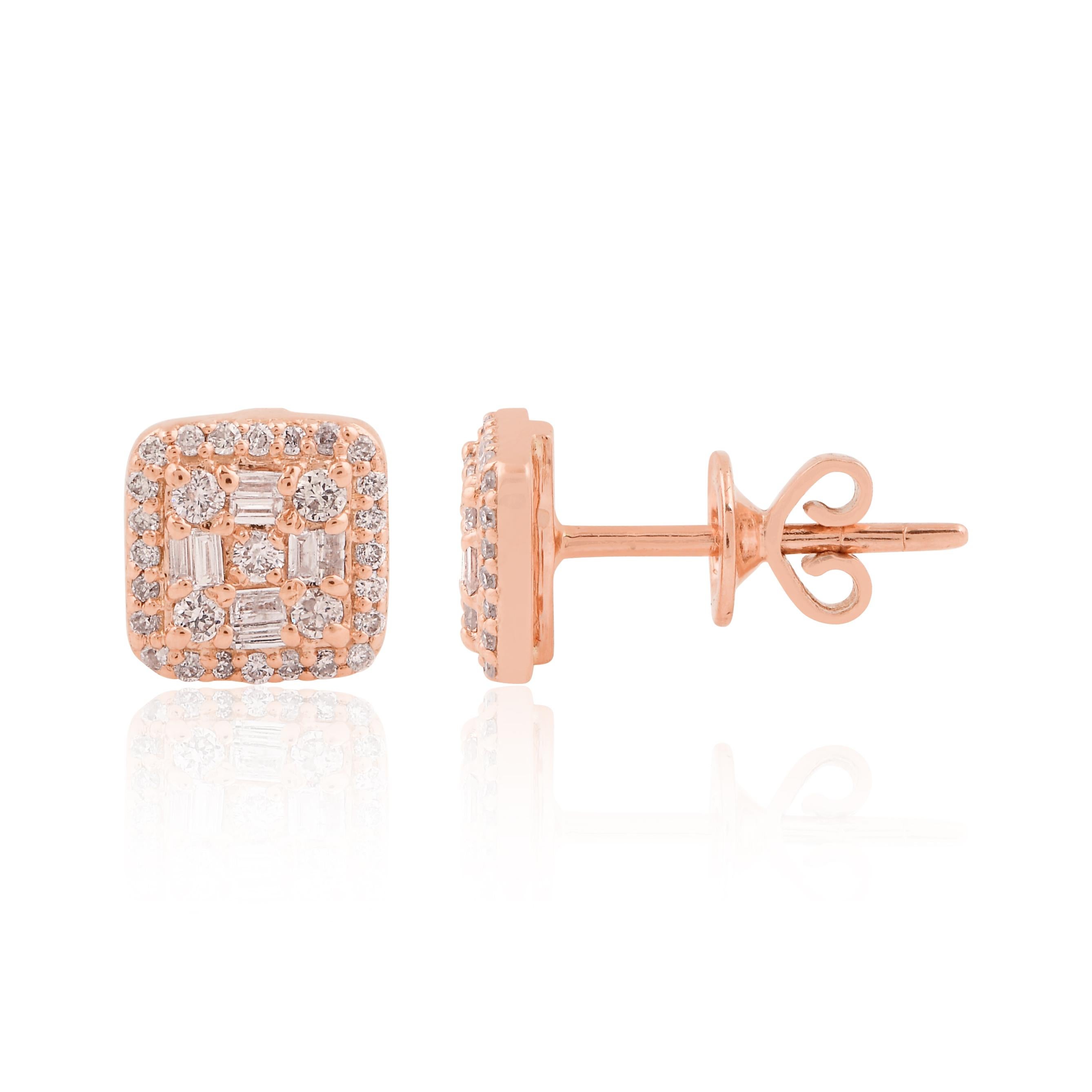 Moderne Clous d'oreilles coussin en or rose 10k massif, pureté Si, couleur HI, avec diamant Bijoux en vente