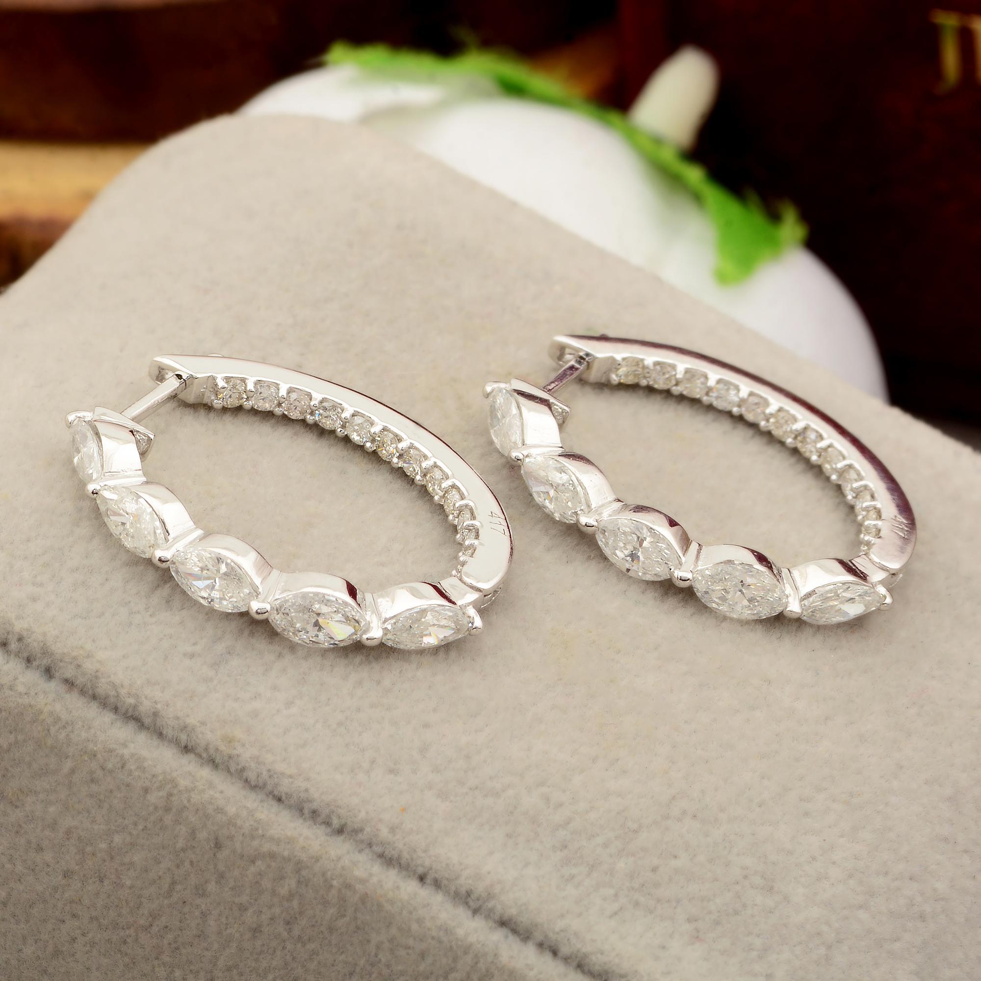 Modern Solid 10k White Gold Natural 1.97 Ct. Marquise Diamond Hoop Earrings New Jewelry For Sale