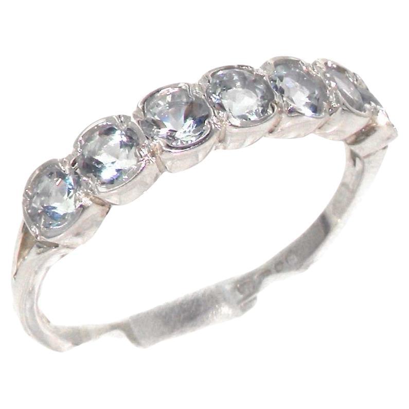 Solid 10K White Gold Natural Aquamarine Wave Half Eternity Ring Customizable