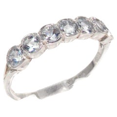 Solid 10K White Gold Natural Aquamarine Wave Half Eternity Ring Customizable