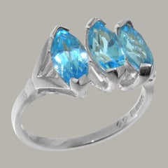Solid 10k White Gold Natural Blue Topaz Womens Trilogy Ring Customizable
