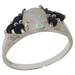 Bague femme en or blanc 10k massif, opale naturelle et saphir, personnalisable