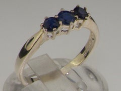 Solid 10k White Gold Natural Sapphire Womens Trilogy Ring, Customizable