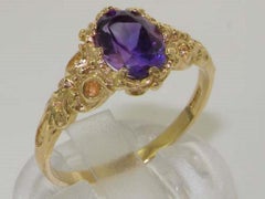 Anello solitario in oro giallo massiccio 10K con ametista naturale in stile vintage Personalizzabile