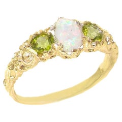 Solid 10k Yellow Gold Natural Opal & Peridot Womens Trilogy Ring Customizable