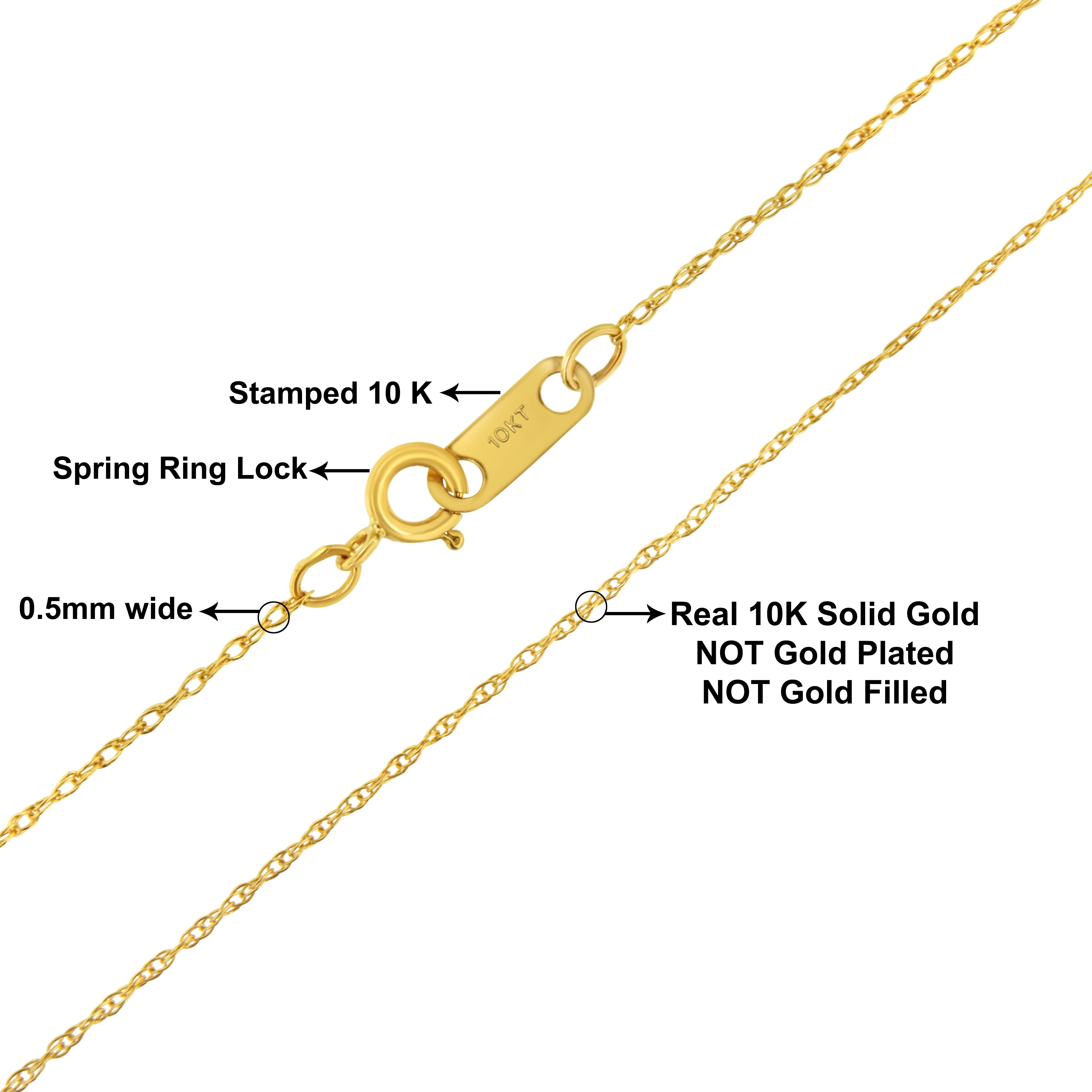 A simple and dainty 10K yellow gold rope chain measuring 20 inches in length and securing with a standard spring ring clasp. This chain will replace most basic promotional chains and is great for small to mid size pendants. The chain measures