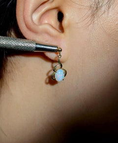 Solid 1.1ct Australian White Opal 14k Gold Drop Earrings Pink Blue Cabochon Cut