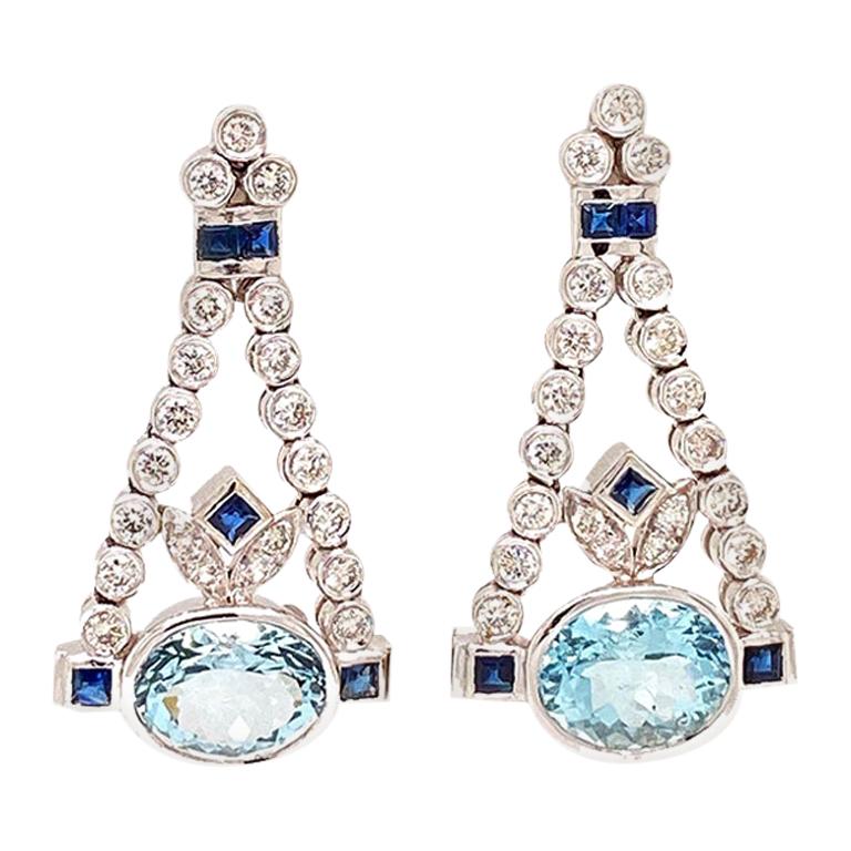 Solid 14 Karat Gold Genuine Aquamarine, Sapphire and Diamond Chandelier Earrings
