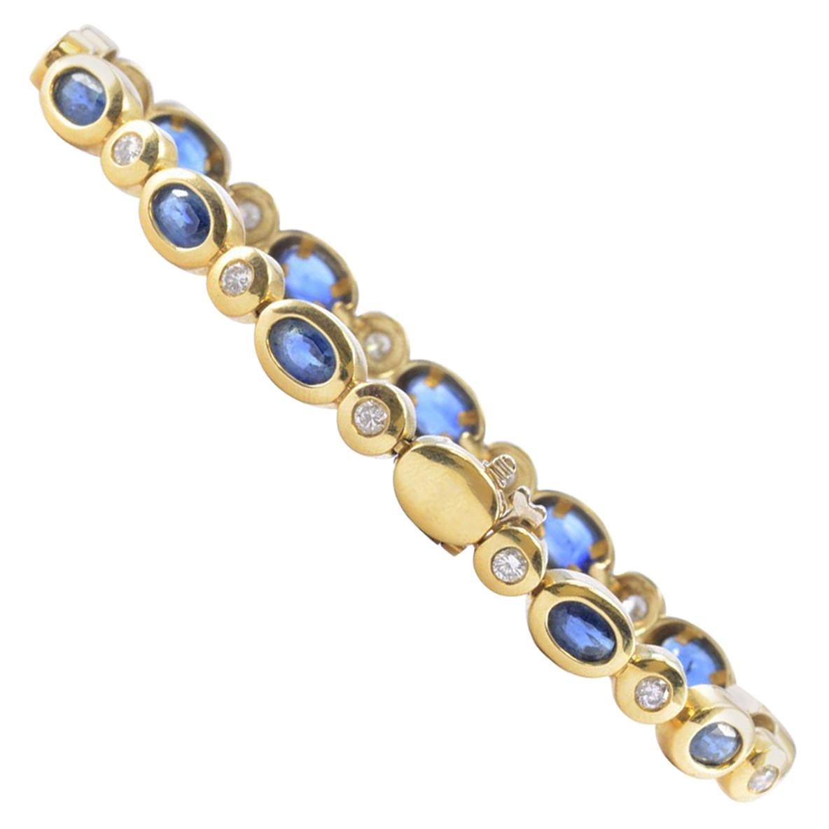 Solid 14 Karat Gold Genuine Sapphire and Natural Diamond Tennis Bracelet 14.1g