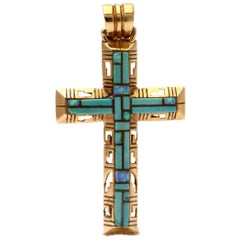 Solid 14 Karat Gold Mosaic Turquoise and Opal Inlay Cross Pendant 8.9 Grams