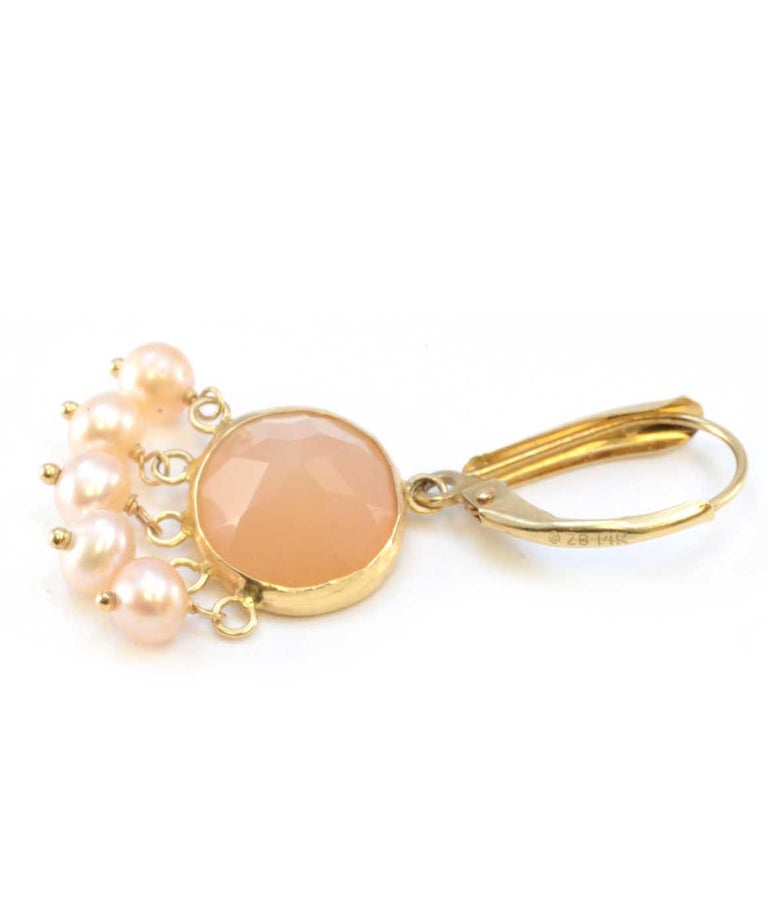 Solid 14 Karat Gold Rose Quartz And Pearl Leverback Dangle Earrings Solid 14 Karat Gold Rose Quartz And Pearl Leverback Dangle Earrings 3 8 Grams In Excellent