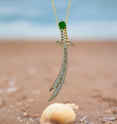 Solid 14 karat Gold Zulfiqar Sword Pendant with Emerald and Diamonds