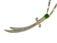 Vintage Solid 14 karat Gold Zulfiqar Sword Pendant with Emerald and Diamonds