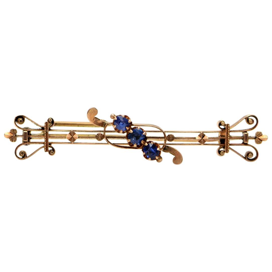 Solid 14 Karat Rose Gold and Genuine Sapphire Three-Stone Bar Pin 7.7g