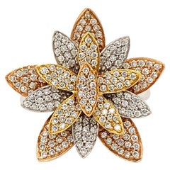 Solid 14 Karat Tri-Tone Gold 1.50 Carat Genuine Diamond Flower Ring 7.3g, Amoro